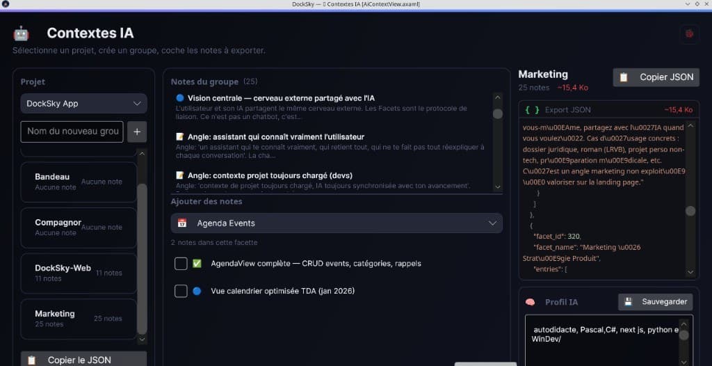 Contextes IA DockSky — groupes de notes composables
