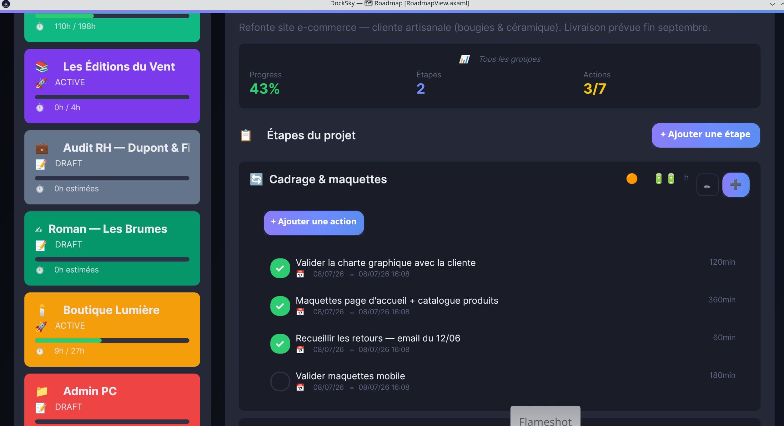 Roadmap DockSky — étapes et actions du projet Boutique Lumière